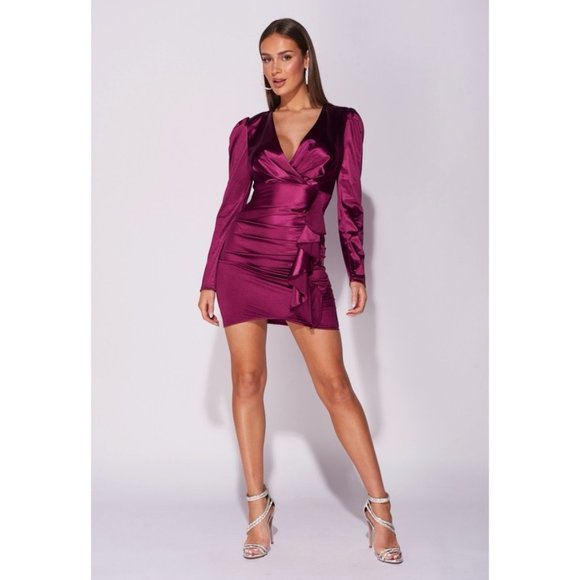 Purple Satin Silk Long Sleeve V-Neck Bodycon Mini Dress - Picture 2 of 12